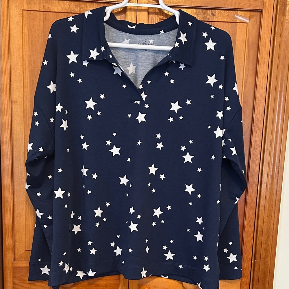 Cuddl Duds Navy Star‑Print Collared Top Plus 3X New Soft Knit Long Sleeve